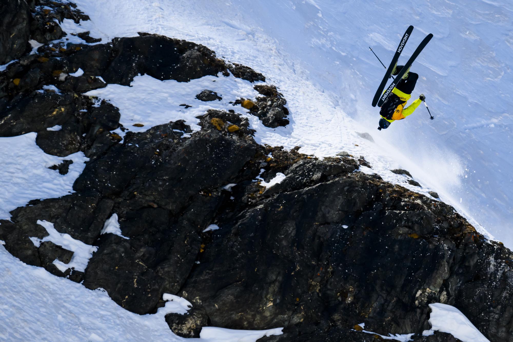 Skier Maxime Chabloz of Switzerland competes to win the men's ski event and overall FWT men's ski ranking during the Verbier Xtreme Freeride World Tour (FWT) finals on the "Bec des Rosses" mountain above the alpine resort of Verbier, Switzerland, Saturday, March 26, 2022. (KEYSTONE/Jean-Christophe Bott)