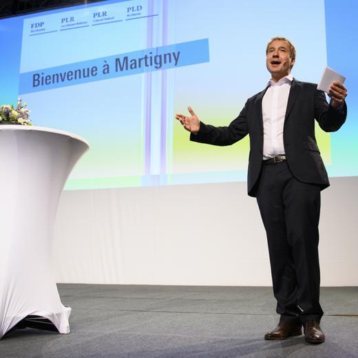 Le conseiller national Philippe Nantermod lors de l'assemblee des delegues du PLR Les Liberaux-Radicaux suisse ce samedi 3 juillet 2021 a Martigny. (KEYSTONE/Laurent Gillieron)