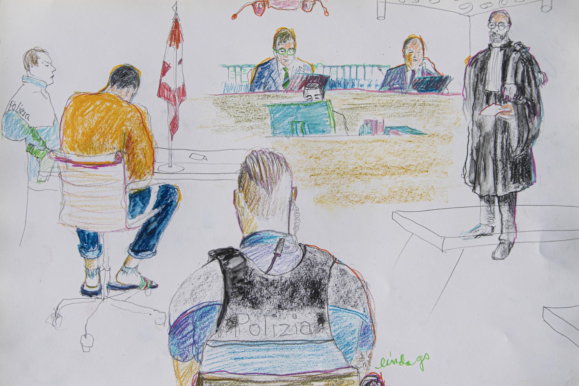 GERICHTSZEICHNUNG --- Der Angeklagte, 2. v. links, im Prozess um eine toedliche Messerattacke in Morges vor dem Bundesstrafgericht in Bellinzona am Montag, 12. Dezember 2022. Am 12. September 2020 verletzte der 29-jaehrige portugiesische Staatsbuerger gemaess Bundesanwaltschaft einen 29-jaehrigen, zufaellig ausgesuchten Mann in einem Restaurant in Morges mit einem Kuechenmesser toedlich. Waehrend des Angriffs soll er "Allahu akbar" gerufen haben. (KEYSTONE/Linda Graedel)