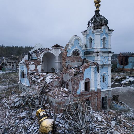 The church of the Holy Mother of God 'Joy of All Who Sorrow', which was destroyed by Russian forces, is seen in the recently liberated village of Bogorodychne, Ukraine, Friday, Jan. 13, 2023. (AP Photo/Evgeniy Maloletka)