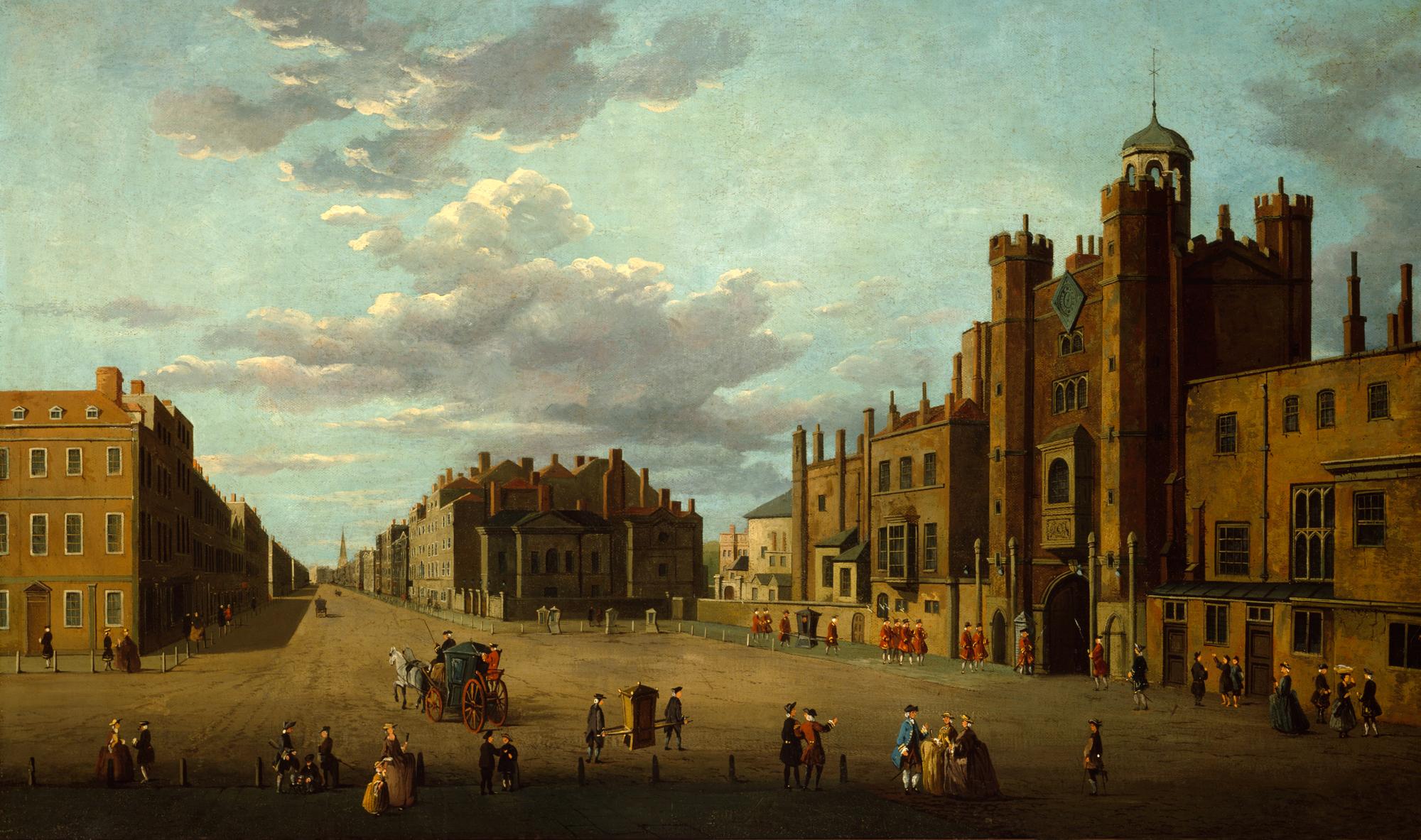 London (England),  St. James's Palace (1532 von König Heinrich VIII. erbaut, 1698 bis 1837 königliche Residenz). "View of St. James's Palace and Pall Mall, London".  Ansicht. Gemälde, undatiert, von John Paul (tätig 18./19.Jh.).  Öl auf Leinwand, 76 x 127 cm. Kunsthandel London, Sotheby's,  15.Juli 1998, Lot 91.