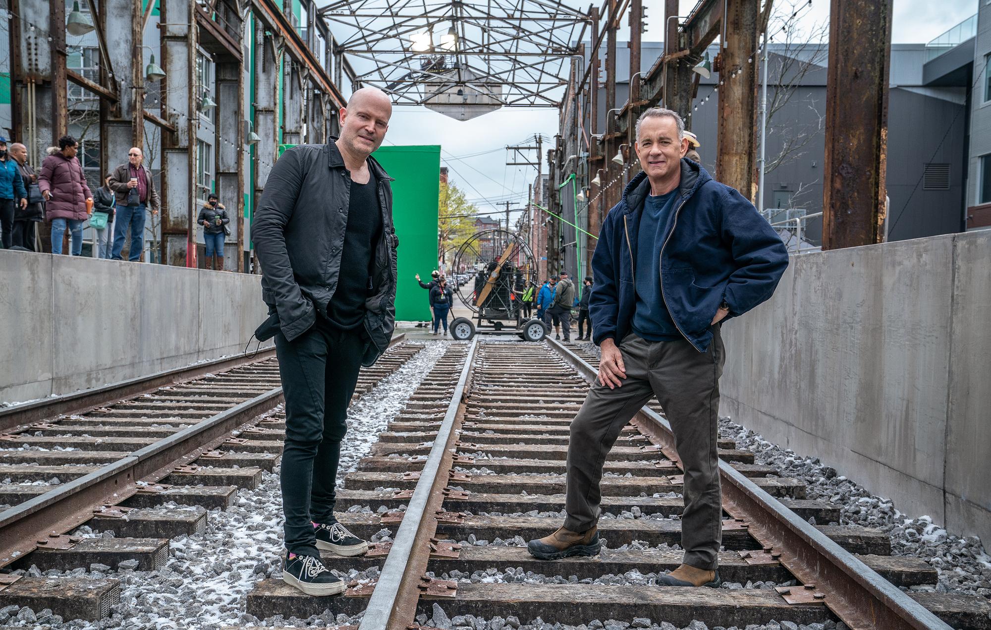 Director Marc Forster, left, and Tom Hanks on the set of Columbia Pictures A MAN CALLED OTTO. Photo by: Niko Tavernise