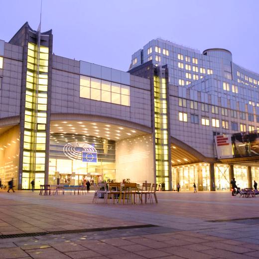 BRUSSELS, BELGIUM - JANUARY 23: The esplanade of the European Parliamnet is seen at dusk on January 23, 2023 in Brussels, Belgium. In response to the 'Qatargate' & 'Moroccogate' scandal, MEPs rushed to declare gifts and trips that they were required to report. A demonstration of essential probity in view of the European elections of 2024. (Photo by Thierry Monasse/Getty Images)