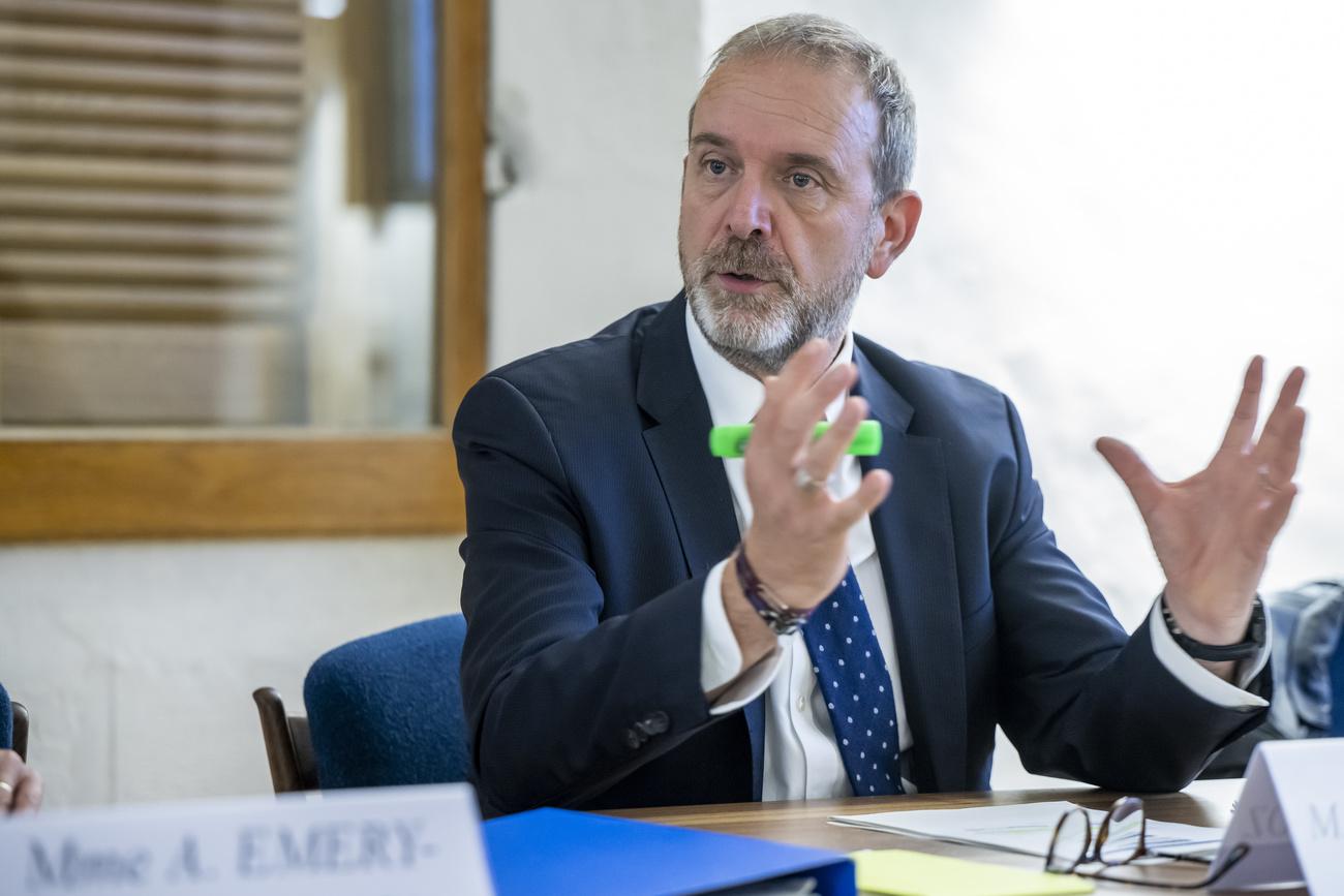 Le conseiller d'Etat Thierry Apotheloz, s'exprime sur la presentation du projet de budget 2023 de l'Etat de Geneve, lors d'une conference de presse du Conseil d'Etat genevois in corpore, ce jeudi 15 septembre 2022 a Geneve. (KEYSTONE/Martial Trezzini)