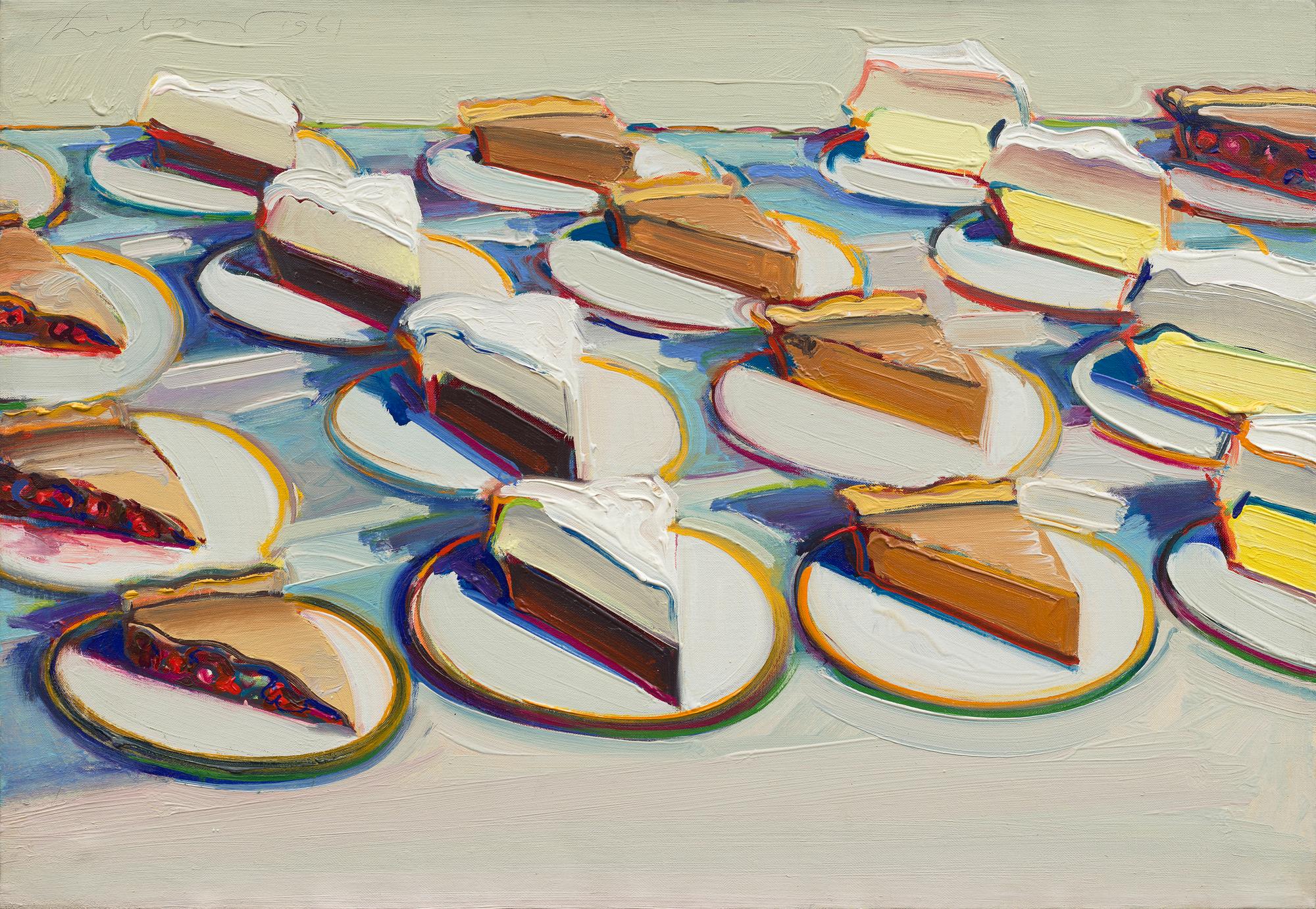 WAYNE THIEBAUD, PIE ROWS, 1961  Huile sur toile, 55,9 x 71,1 cm  Collection de la Wayne Thiebaud Foundation  © Wayne Thiebaud Foundation/2022, ProLitteris, Zurich  Photo: Matthew Kroening