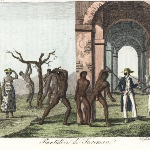 2A7XHD4 African slaves being tortured and beaten on a Surinam plantation, while a colonial plantation owner smokes a tobacco pipe. Handcoloured copperplate engraving by Migliavacca from Giulio Ferrrario's Costumes Antique and Modern of All Peoples (Il Costume Antico e Moderno di Tutti i Popoli), Florence, 1842.