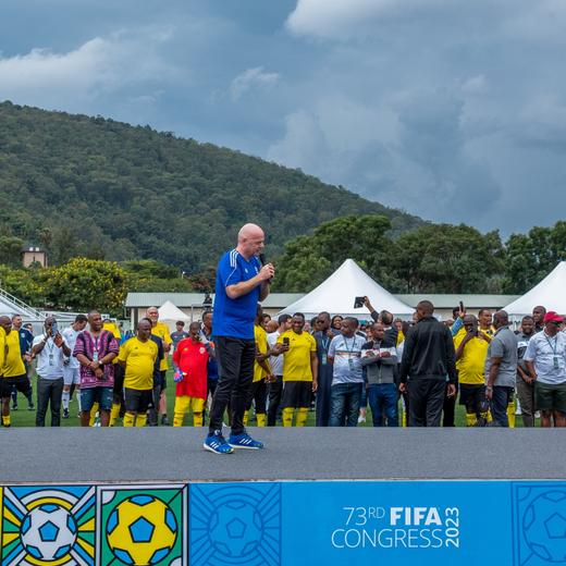 FIFA president Gianni Infantino addresses delegates at the reopening Nyamirambo Stadium which has changed its name to Pele Stadium, during the 73rd FIFA Congress Delegation Football Tournament in Kigali, Rwanda March 15, 2023. REUTERS/Jean Bizimana