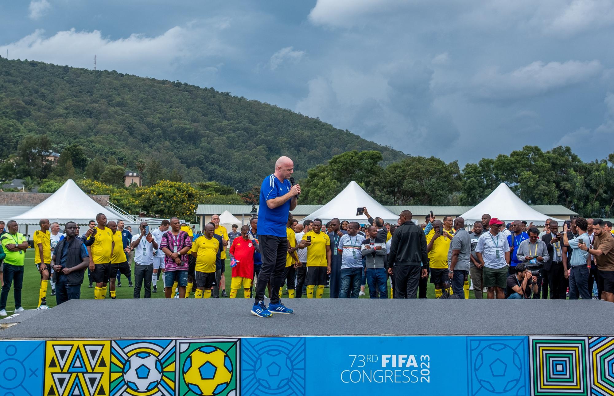 FIFA president Gianni Infantino addresses delegates at the reopening Nyamirambo Stadium which has changed its name to Pele Stadium, during the 73rd FIFA Congress Delegation Football Tournament in Kigali, Rwanda March 15, 2023. REUTERS/Jean Bizimana