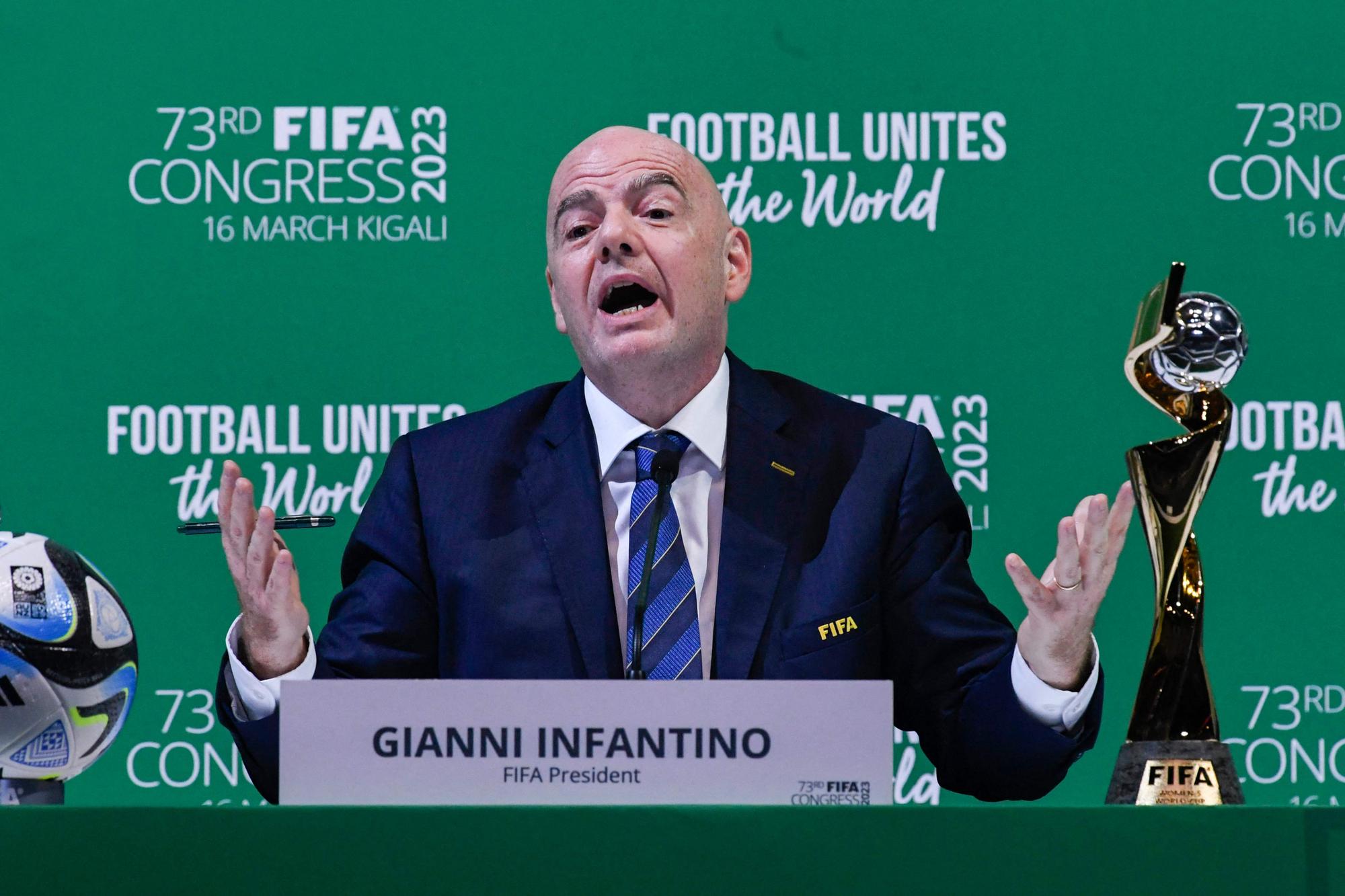 FIFA President Gianni Infantino gestures during a press conference at the 73rd FIFA Congress in Kigali, Rwanda, on March 16, 2023. - Gianni Infantino has been re-elected unopposed as president of football's ruling body FIFA on a four-year term until 2027. (Photo by SIMON MAINA / AFP)