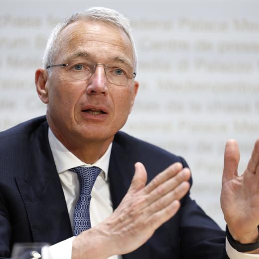 Axel Lehmann, Chairman Credit Suisse, speaks during a press conference, on Sunday, 19 March 2023 in Bern. The bank UBS takes over Credit Suisse for 2 billion US dollars. (KEYSTONE/Peter Klaunzer)