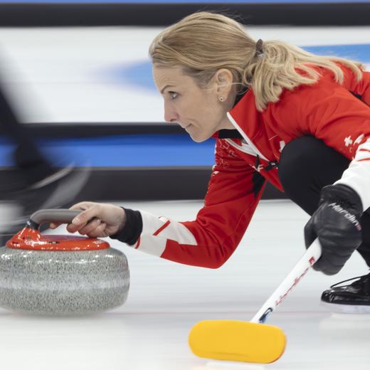 Switzerland skip Silvana Tirinzoni releases her rock during the women's Round Robin game between South Korea and Switzerland at the National Aquatics Centre at the 2022 Olympic Winter Games in Beijing, China, on Wednesday, February 16, 2022. (KEYSTONE/Salvatore Di Nolfi)