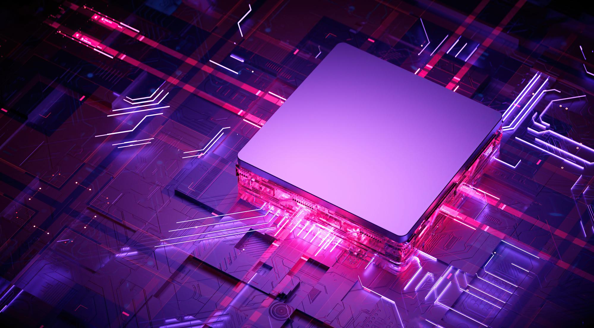 3D rendering of cyberpunk AI. Circuit board. Technology background. Central Computer Processors CPU and GPU concept. Motherboard digital chip. Tech science background.