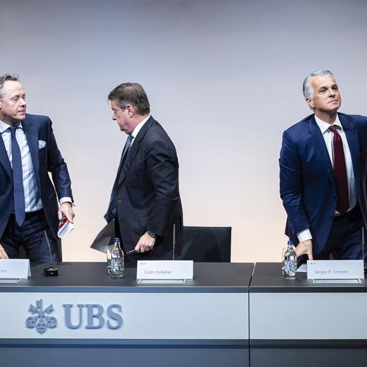 epa10548398 Newly appointed Group Chief Executive Officer of Swiss Bank UBS Sergio P. Ermotti (R), UBS Chairman Colm Kelleher (C) and outgoing CEO Ralph Hamers leave a news conference in Zurich, Switzerland, 29 March 2023. Following a UBS group's 19 March announcement regarding UBS's acquisition of Credit Suisse, the Board of Directors of UBS appointed Ermotti as Chief Executive Officer, effective 5 April 2023. EPA/MICHAEL BUHOLZER