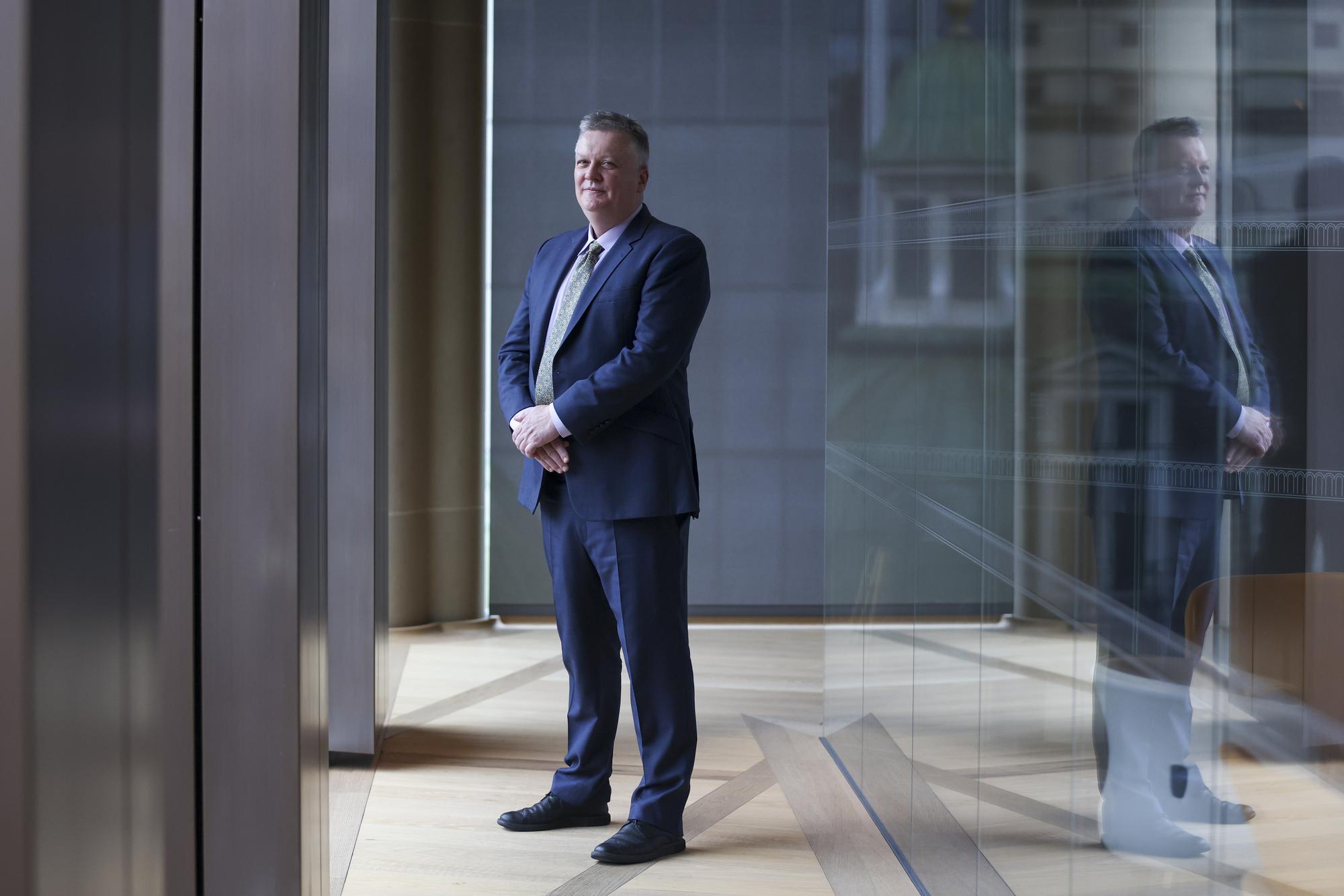 Huw Pill, chief economist at the Bank of England, following a Bloomberg Television interview in London, U.K., on Friday, Feb. 4, 2022. Pill said the benchmark lending rate in the U.K. will probably rise again in the coming months and a squeeze on living standards is probably unavoidable. Photographer: Hollie Adams/Bloomberg via Getty Images