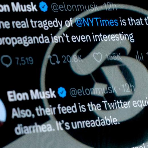 In this photo illustration created on April 2, 2023, the profile image of The New York Times Twitter account is reflected in tweets by Twitter CEO Elon Musk, in Washington, DC. - Twitter has removed the gold "verified" marker from the New York Times' main account, as CEO Elon Musk bashed the news organization as "propaganda" on Sunday and the platform transitioned to a paid verification scheme. In the early hours of Sunday, Musk targeted the New York Times in several tweets, saying, "The real tragedy of @NYTimes is that their propaganda isn't even interesting" and calling its main feed the "equivalent of diarrhea" and "unreadable." (Photo by Stefani REYNOLDS / AFP)