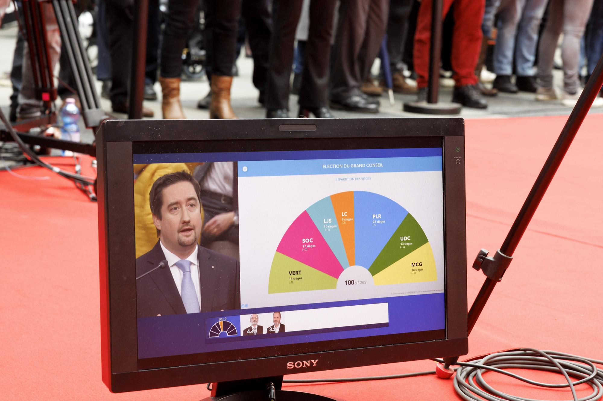 Yvan Zweifel, candidat PLR au Grand Conseil, s'exprime sur les projections de l'election au Grand Conseil sur le plateau de television de Leman Bleu, a Uni Mail lieu de depouillement centralise pour l'election du Grand Conseil et du premier tour de l'election du Conseil 2023, ce dimanche 2 avril 2023 a Geneve. (KEYSTONE/Salvatore Di Nolfi)