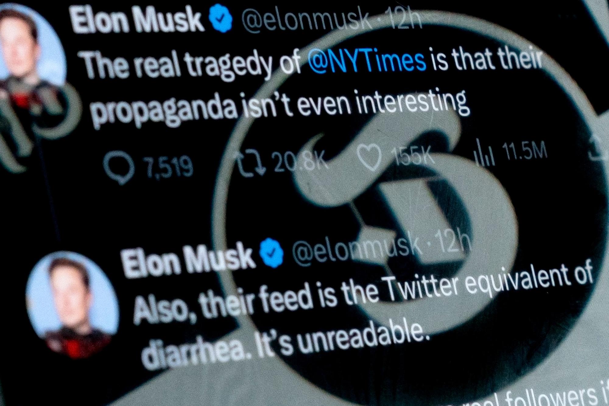 In this photo illustration created on April 2, 2023, the profile image of The New York Times Twitter account is reflected in tweets by Twitter CEO Elon Musk, in Washington, DC. - Twitter has removed the gold "verified" marker from the New York Times' main account, as CEO Elon Musk bashed the news organization as "propaganda" on Sunday and the platform transitioned to a paid verification scheme. In the early hours of Sunday, Musk targeted the New York Times in several tweets, saying, "The real tragedy of @NYTimes is that their propaganda isn't even interesting" and calling its main feed the "equivalent of diarrhea" and "unreadable." (Photo by Stefani REYNOLDS / AFP)
