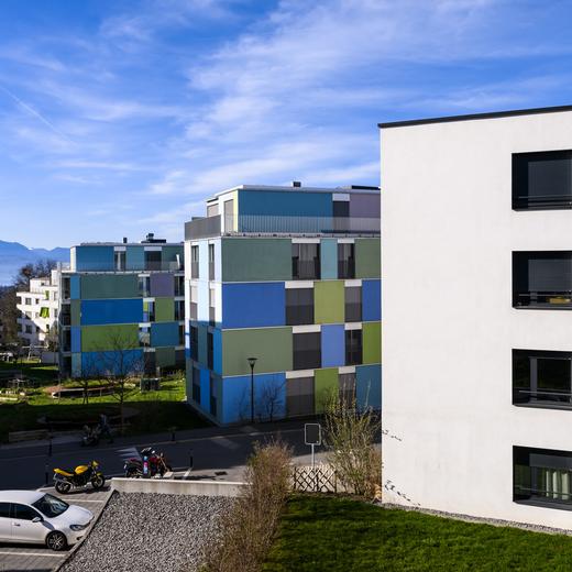 Une vue sur un quartier d'habitation, les fiches nord, le mercredi 22 mars 2023 a Lausanne. La penurie de logements sur le marche immobilier helvetique ne connait pas de repit, notamment sur l'Arc lemanique. (KEYSTONE/Jean-Christophe Bott)