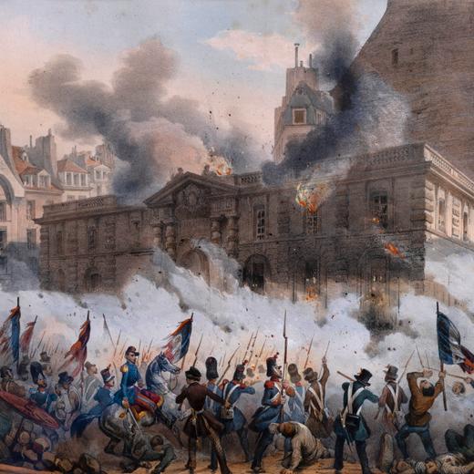 Fighting on the Place du Palais Royal, from Annals of the French Revolution of 1848, lithograph, 1848, by Jules Arnout, 1814-68, in the Musee des Ursulines, an art and archaeology museum housed since 1968 in the former Ursulines convent, built 1675-80, in Macon, Saone-et-Loire, France. Picture by Manuel Cohen (Photo by Manuel Cohen / Manuel Cohen / Manuel Cohen via AFP)