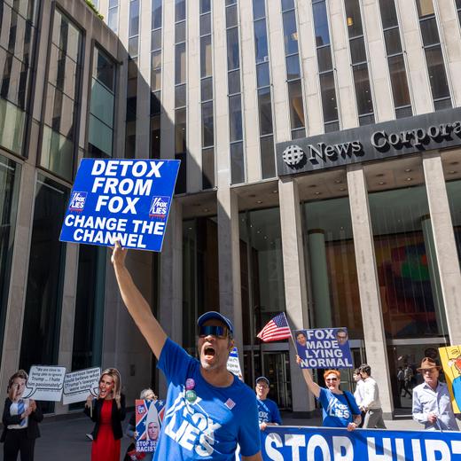 April 11, 2023, New York, New York, USA: A person holds a sign that reads Fox Lies, Detox From Fox Change The Channel. People hold puppet signs of Rupert Murdoch and Fox anchors Tucker Carlson, Sean Hannity and Laura Ingraham. Protesters outside of Fox News Channel denounce the lies broadcast by the network. The Dominion Lawsuit brought internal messages from Fox News personel to light showing that they knew that election fraud did not cause TrumpÃƒÃ¢Ã¢ s 2020 defeat but Fox aired the false story anyway. Demonstrators come to Fox News headquarters weekly for a Truth Tuesdays protest. New York USA - ZUMAr174 20230411_znp_r174_033 Copyright: xGinaxMxRandazzox
