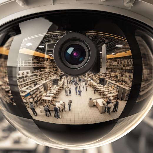 Close-up of a security camera's lens reflecting panorama of supermarket, generative AI illustration