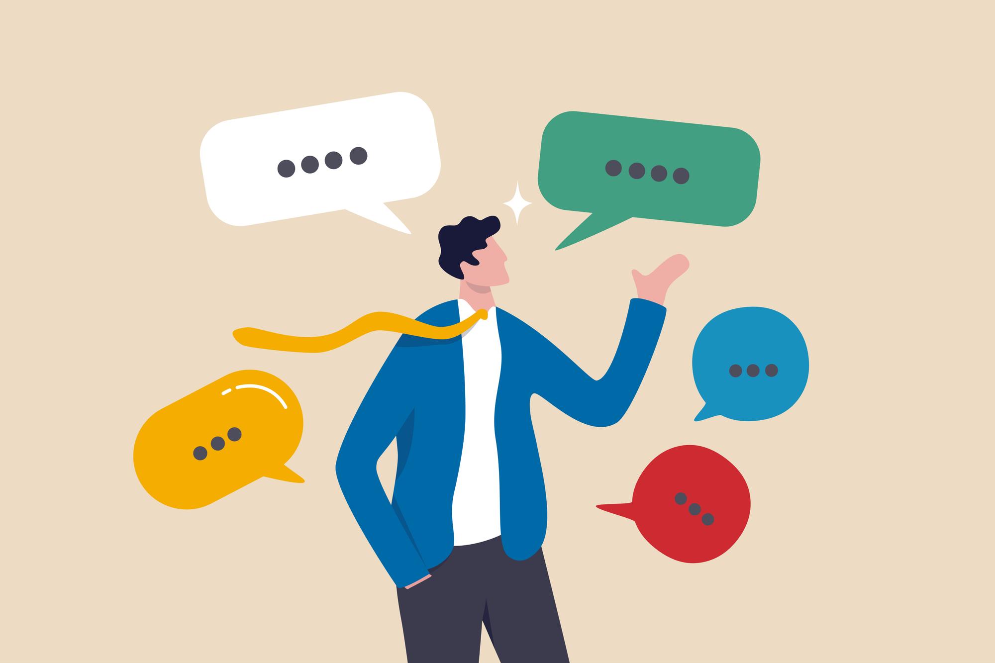Verbal or oral communication skill, storytelling or explanation, public speaking, talking or discussion, telling message or speech concept, confidence businessman talking with multiple speech bubbles.