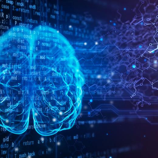 Brain on molecular structure, circuitry, and programming code background.