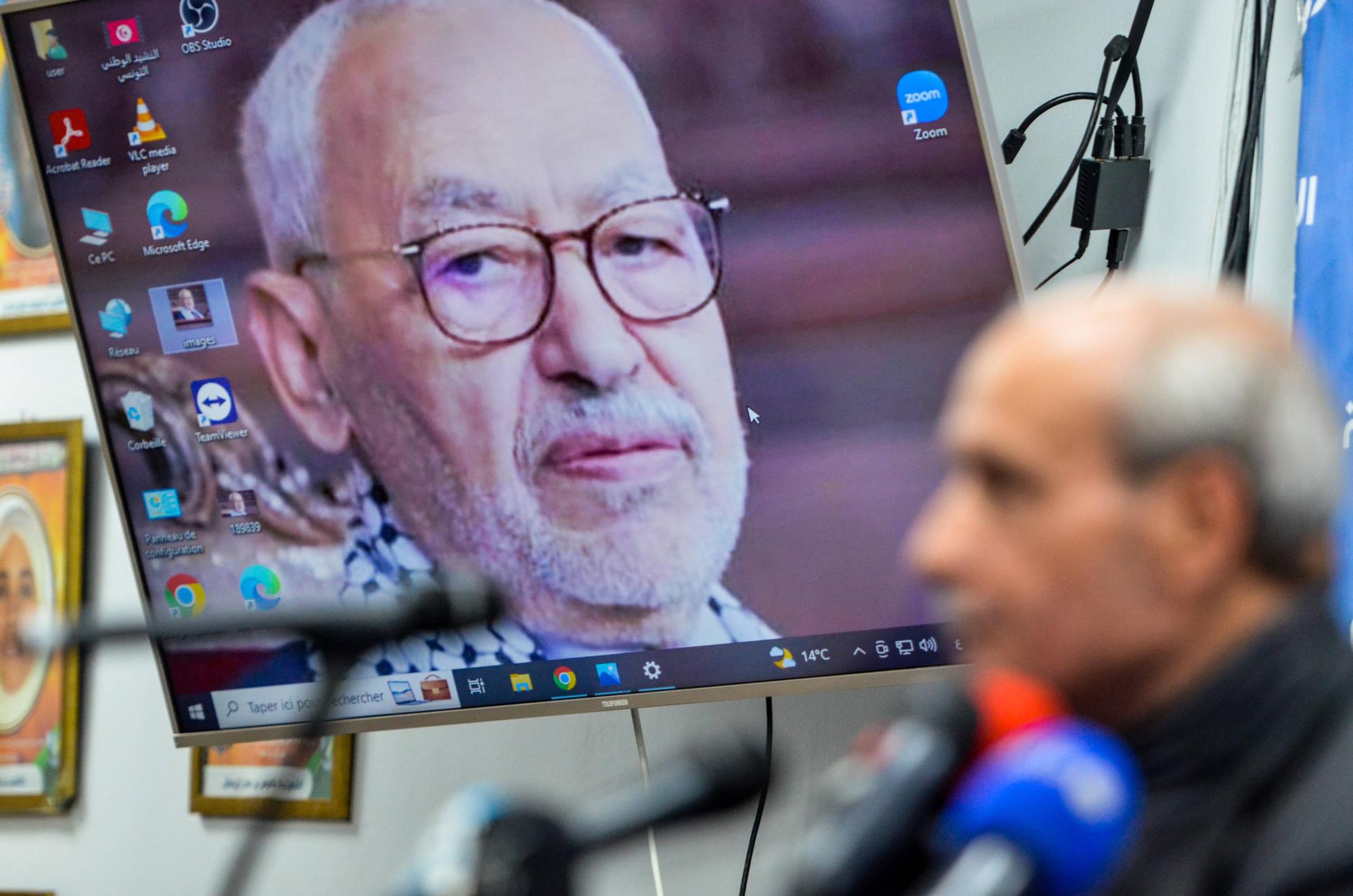 April 17, 2023, Tunis, Tunisia: Tunis, Tunisia. 17 April 2023. A press conference is held at the Ennahda Party s headquarters following the arrest of its leader Rached Ghannouchi for interrogation late on Monday. The Ennahda Party called for the release of Ghannouchi and for and end of the authorities oppression of political activists opposing the government Tunis Tunisia - ZUMAd99_ 20230417_zap_d99_023 Copyright: xHasanxMradx
