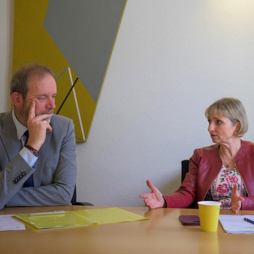 Les conseillers d'Etat Tierry Apothéloz et Fabienne Fischer. Hôtel de ville de Genève. 18.4.2023.