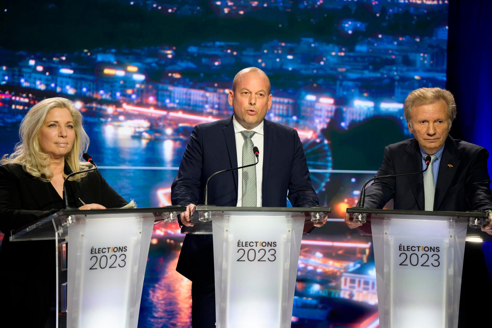 Débat télévisé du deuxième tour à l'élection au Conseil d'Etat. Cube Léman CaroleBleu.Genève. Carole-Anne Kastz. 19.4.2023.