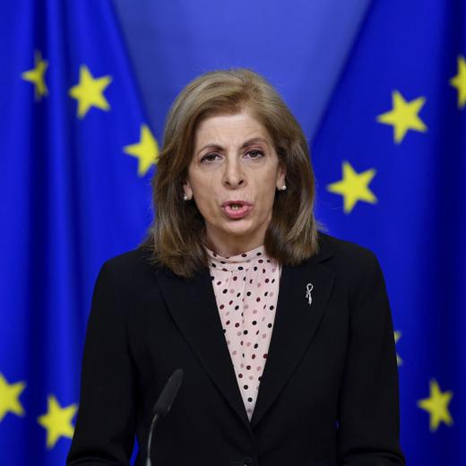 European Commissioner in charge of Health Stella Kyriakides gives a statement at the European Commission headquarters in Brussels, Monday, Jan. 25, 2021. The European Union lashed out Monday at the pharmaceutical giant AstraZeneca, accusing the company of failing to deliver the coronavirus vaccine doses to the bloc that it initially promised despite being funded by the bloc to ramp up production. (John Thys/Pool Photo via AP)