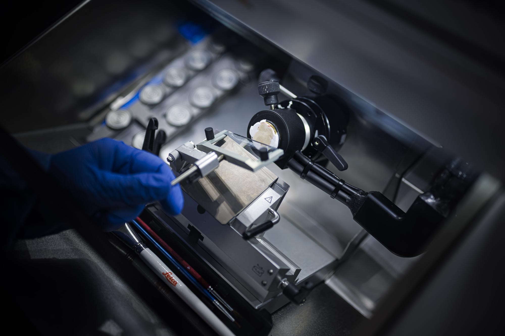 Theo Ribierre, coordinateur scientifique, realise une coupe de cerveau humain, a l'occasion de l'inauguration de la plateforme "NeuroNA" de neurosciences cellulaires humaines, ce lundi 24 avril 2024 au Campus Biotech a Geneve. La plateforme vise a contribuer à l?etude des mecanismes moleculaires et cellulaires impliques dans des troubles neurodeveloppementaux comme ceux du spectre de l?autisme ou encore a des maladies neuropsychiatriques comme la schizophrenie et la depression.(KEYSTONE/Valentin Flauraud)