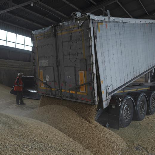A truck unloads grain at a grain port in Izmail, Ukraine, Wednesday, April 26, 2023. U.S. and European officials have toured Ukraine's southern port of Izmail, a facility that is important in bringing Ukrainian grain exports to the world. It could become critical if a deal with Russia to allow grain exports from Ukrainian Black Sea ports expires without being renewed. (AP Photo/Andrew Kravchenko)