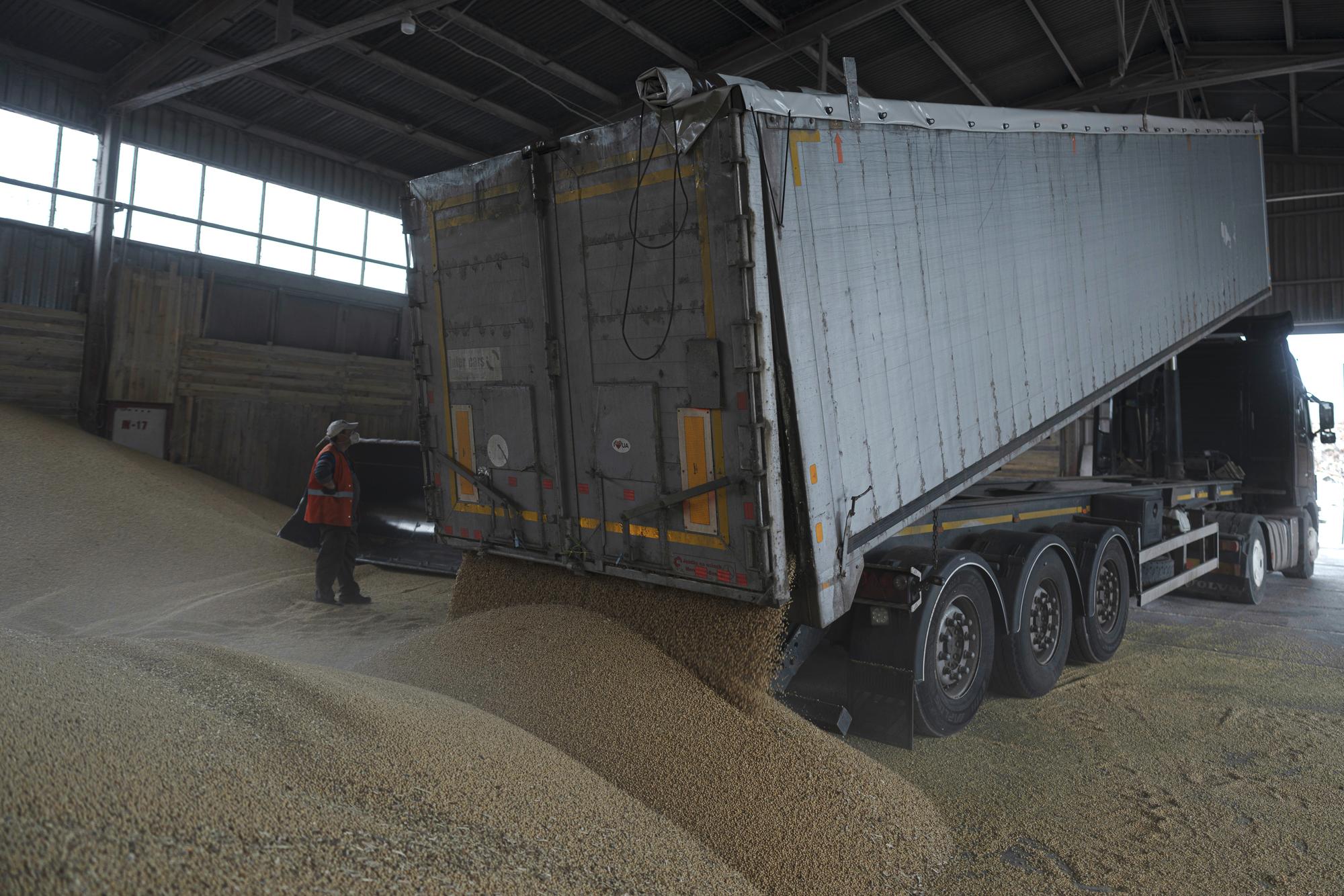 A truck unloads grain at a grain port in Izmail, Ukraine, Wednesday, April 26, 2023. U.S. and European officials have toured Ukraine's southern port of Izmail, a facility that is important in bringing Ukrainian grain exports to the world. It could become critical if a deal with Russia to allow grain exports from Ukrainian Black Sea ports expires without being renewed. (AP Photo/Andrew Kravchenko)
