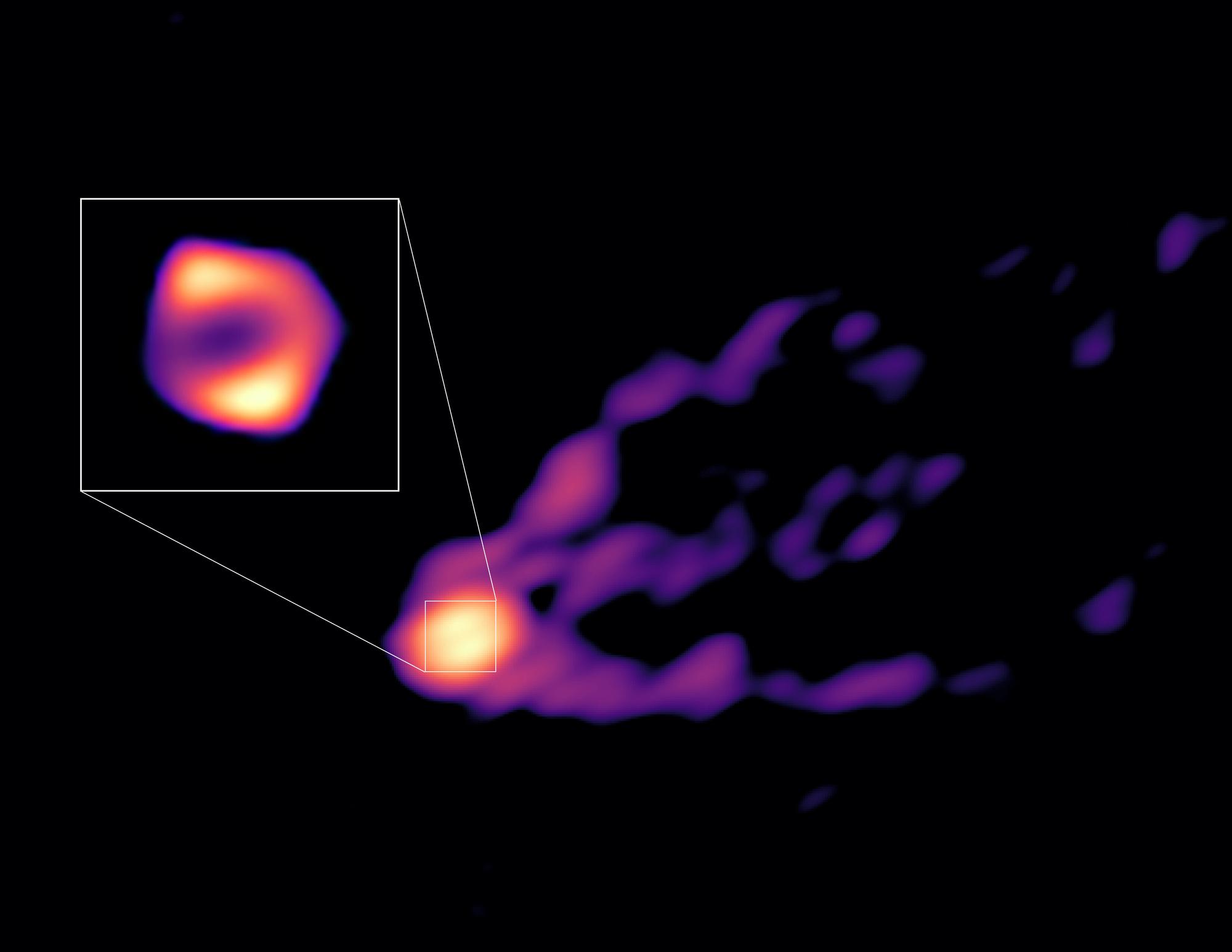 This image shows the jet and shadow of the black hole at the centre of the M87 galaxy together for the first time. The observations were obtained with telescopes from the Global Millimetre VLBI Array (GMVA), the Atacama Large Millimeter/submillimeter Array (ALMA), of which ESO is a partner, and the Greenland Telescope. This image gives scientists the context needed to understand how the powerful jet is formed. The new observations also revealed that the black hole's ring, shown here in the inset, is 50% larger than the ring observed at shorter radio wavelengths by the Event Horizon Telescope (EHT). This suggests that in the new image we see more of the material that is falling towards the black hole than what we could see with the EHT.