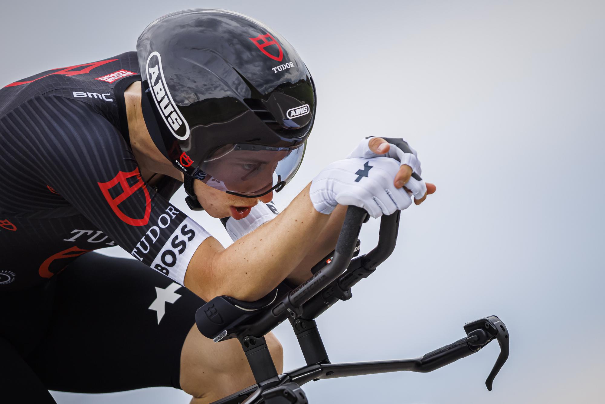 Yannis Voisard from Switzerland of Tudor Cycling team in action during the third stage, a 18,75 km race against the clock around Chatel-Saint-Denis at the 76th Tour de Romandie UCI World Tour Cycling race, in Chatel-Saint-Denis, Switzerland, Friday, April 28, 2023. (KEYSTONE/Valentin Flauraud)