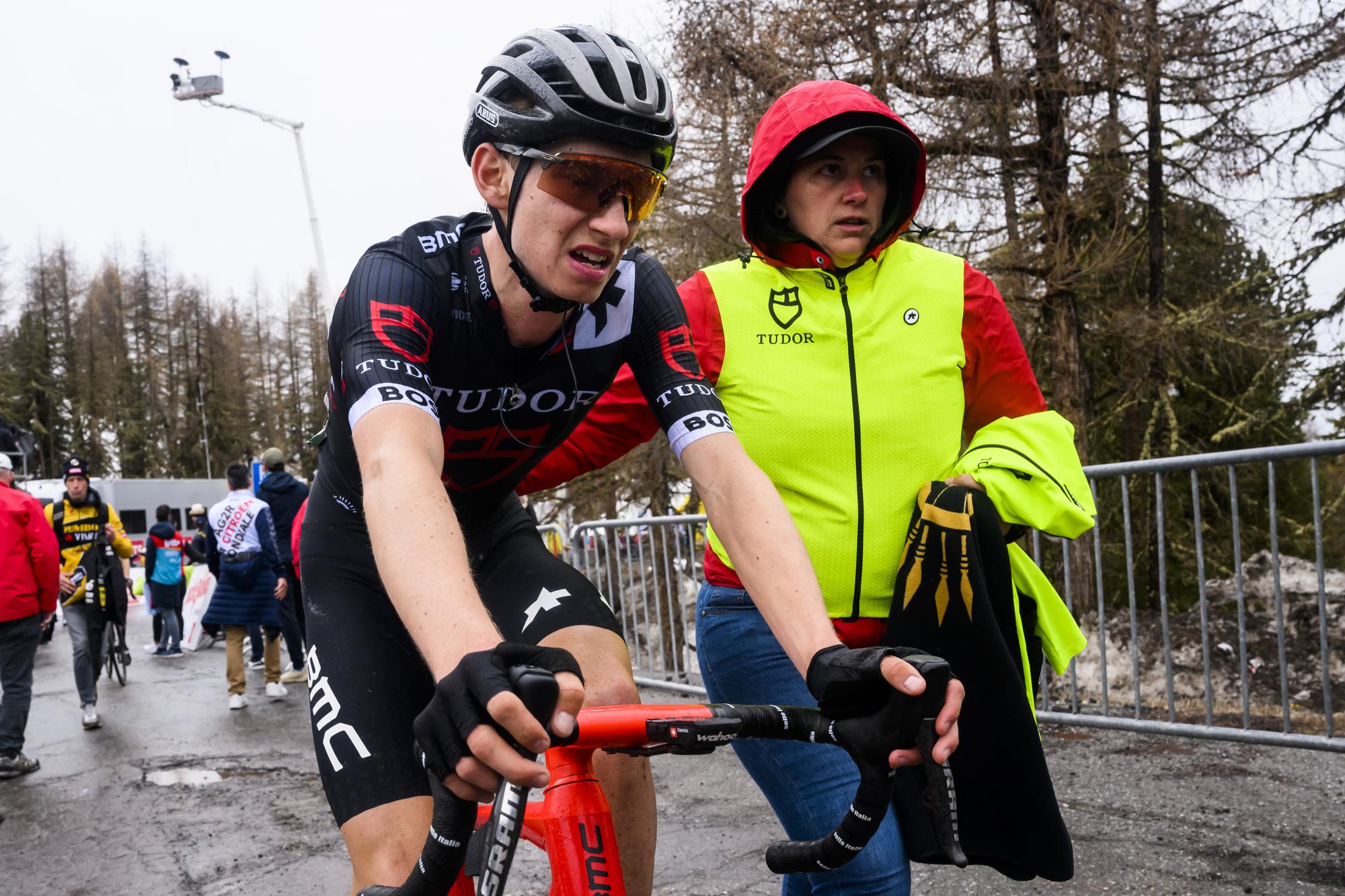 Yannis Voisard from Switzerland of Tudor Cycling team reacts after the finish line during the fourth stage, a 161,6 km race between Sion and Thyon 2000 at the 76th Tour de Romandie UCI World Tour Cycling race, in Les Collons, Switzerland, Saturday, April 29, 2023. (KEYSTONE/Jean-Christophe Bott)