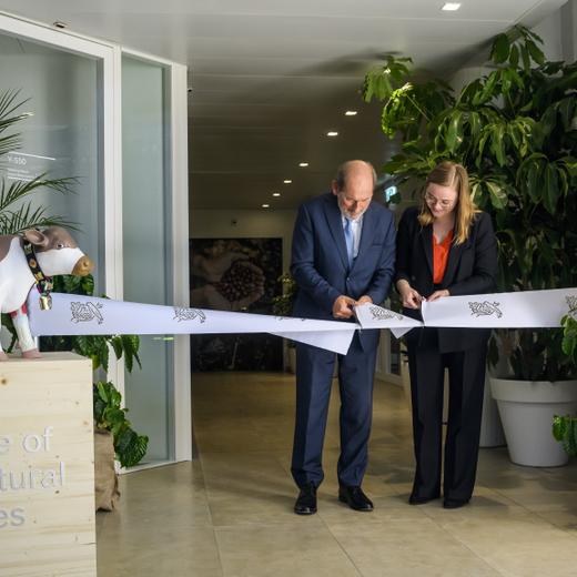 epa10606395 Paul Bulcke (L), Nestle Chairman and Valerie Dittli (R), State Councillor of the Canton of Vaud, cut the ribbon during the inauguration of Nestle Institute of Agricultural Sciences, in Vers-chez-les-Blanc, near Lausanne, Switzerland, 03 May 2023.