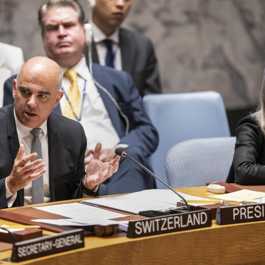 Alain Berset, Swiss Federal President, left, chairs a Security Council Open Debate on the security and dignity of civilians in conflict next to Claudia Banz, Administrative Director of the UN Security Council UNSC, right, on Tuesday, May 23, 2023 at the UN headquarters in New York, USA. Alain Berset stays on a one-day visit to chair a Briefing at the UN Security Council UNSC. Switzerland, non-permanent member of the UNSC, holds the presidency during the month of May. (KEYSTONE/Alessandro della Valle)
