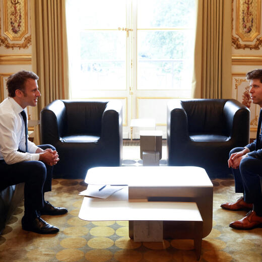 FILE PHOTO: French President Emmanuel Macron (L) meets with OpenAI CEO Sam Altman (R) at the Elysee Palace in Paris, France, 23 May 2023. President Macron meets Altman, ChatGP creator, to discuss Artificial intelligence issues. YOAN VALAT/Pool via REUTERS/File Photo