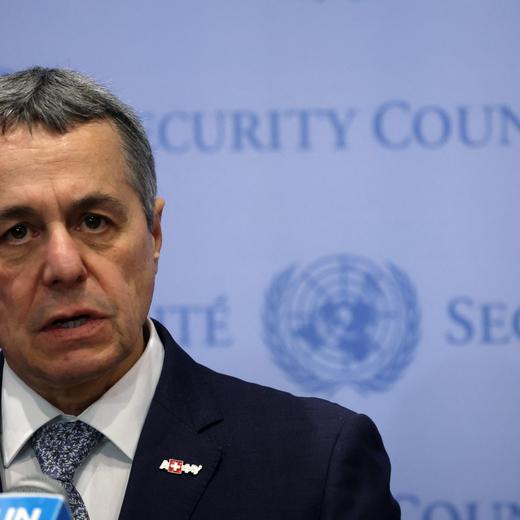 Swiss Foreign Minister and current President of the U.N. Security Council Ignazio Cassis speaks to reporters following a Security Council meeting on protecting the Zaporizhzhya nuclear power plant and others in Ukraine at U.N. headquarters in New York City, U.S., May 30, 2023. REUTERS/Mike Segar