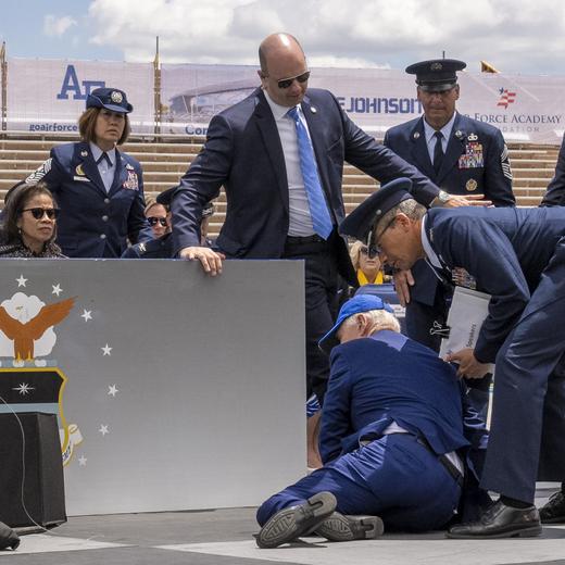 President Joe Biden falls on stage during the 2023 United States Air Force Academy Graduation Ceremony at Falcon Stadium, Thursday, June 1, 2023, at the United States Air Force Academy in Colorado Springs, Colo. (AP Photo/Andrew Harnik)  Joe Biden