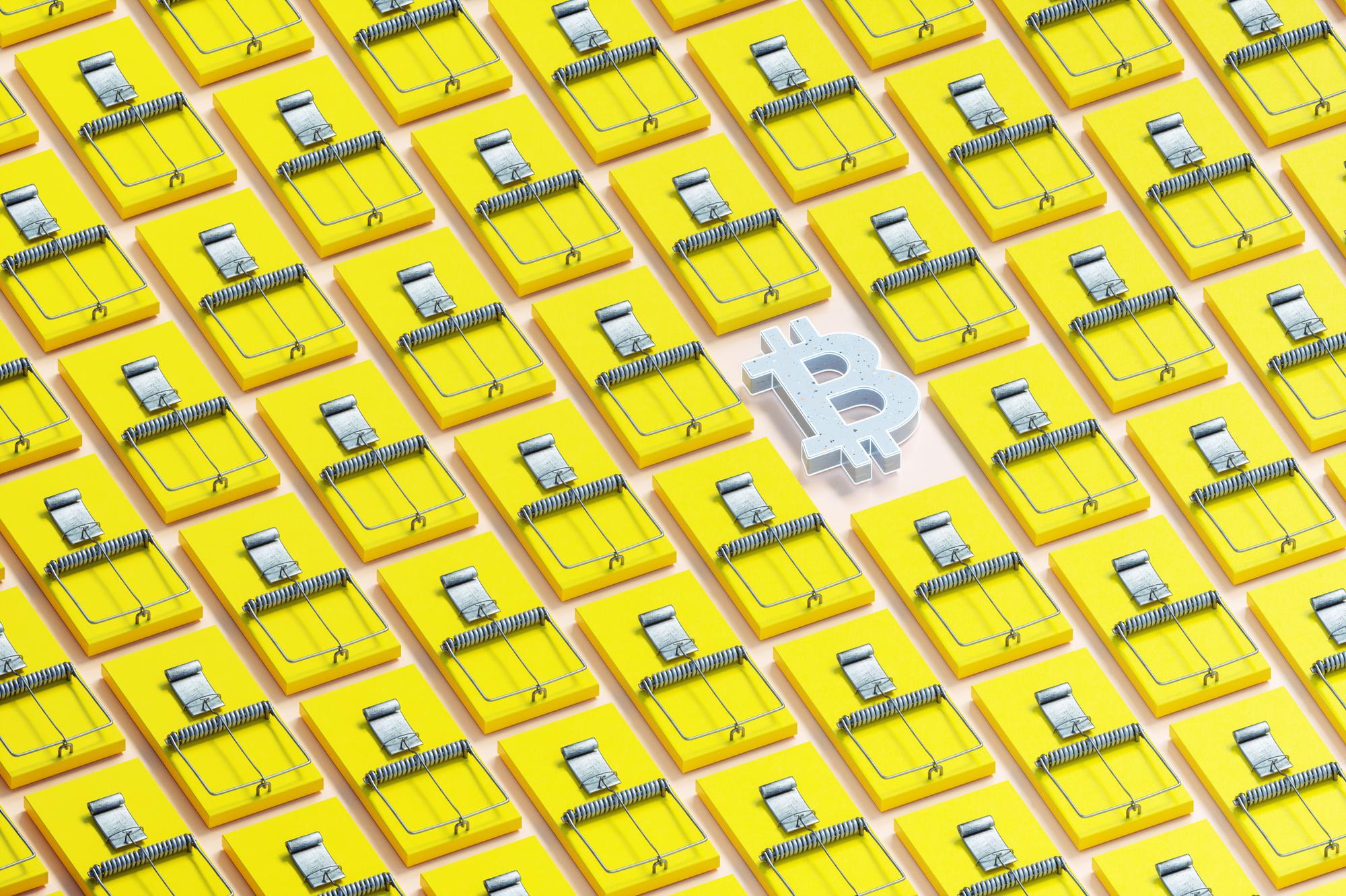 Digital generated image of bitcoin sign surrounded by mousetrap pattern.