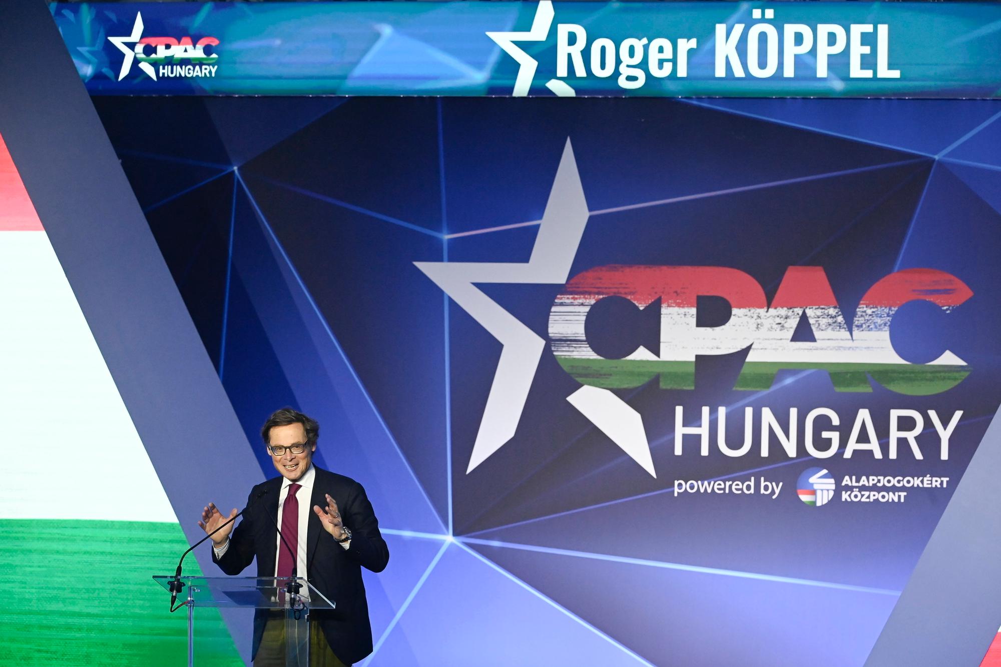 Roger Koeppel, member of the Swiss People's Party (SVP), delivers his speech during the first day session of Hungary Conservative Political Action Conference Hungary in Budapest, Hungary, Thursday, May 4, 2023. The two-day CPAC meeting organized by Center for Fundamental Rights of Hungary features some 60 prestigious foreign speakers from 20 countries and five continents. (Szilard Koszticsak/MTI via AP)