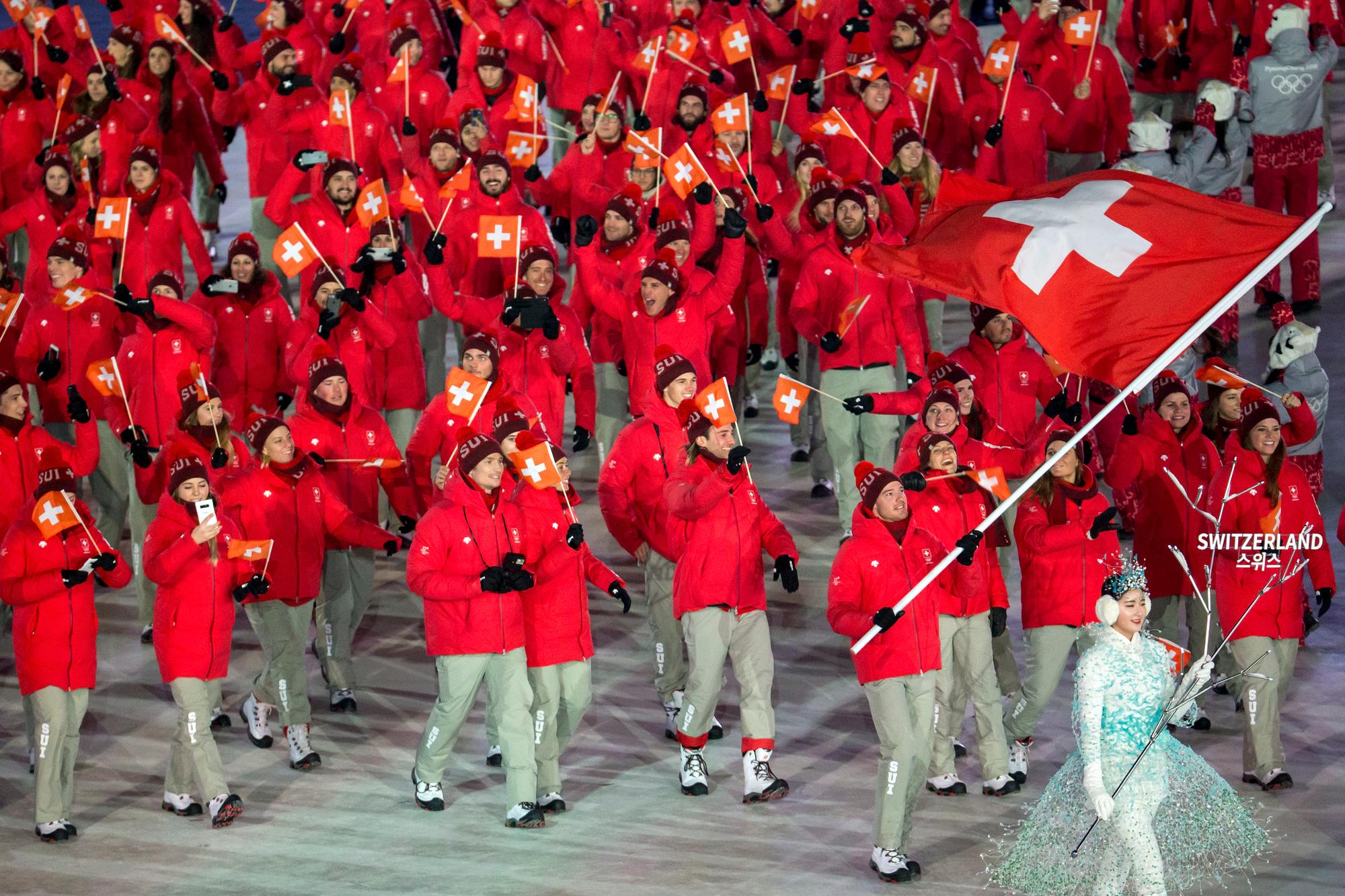Des athlètes suisses lors de la cérémonie d'ouverture des Jeux olympiques d'hiver, le 9 février 2018 à Pyeongchang.