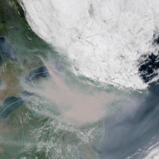 This handout satellite image courtesy of NASA's Earth Observatory taken on June 7, 2023, shows smoke sweeping into New York and Pennsylvania. Canada's Quebec province, hit hard by unprecedented wildfires that have ravaged the country, on June 7, 2023 eagerly awaited the arrival of reinforcements from abroad to help beat back blazes that are overwhelming its firefighting capacity. (Photo by NASA Earth Observatory / AFP) / RESTRICTED TO EDITORIAL USE - MANDATORY CREDIT "AFP PHOTO / NASA Earth Observatory" - NO MARKETING NO ADVERTISING CAMPAIGNS - DISTRIBUTED AS A SERVICE TO CLIENTS
