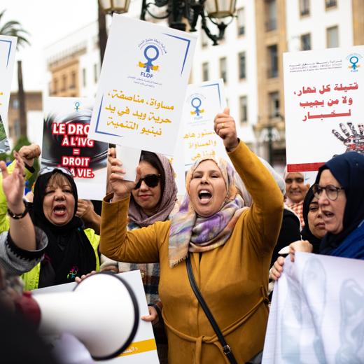 Rabat, Morocco. 2023/03/08. Demonstration for the International Day for Women's Rights in Rabat, capital of Morocco. This mobilization was called by the Federation of Women's Rights Leagues (FLDF). Photograph by Milla Morisson / Hans Lucas.  Rabat, Maroc. 2023/03/08. Manifestation pour la journee internationale de lutte pour les droits des femmes à Rabat, capitale du Maroc. Cette mobilisation a ete appelée par la Federation des ligues des droits des femmes (FLDF). Photographie de Milla Morisson / Hans Lucas.