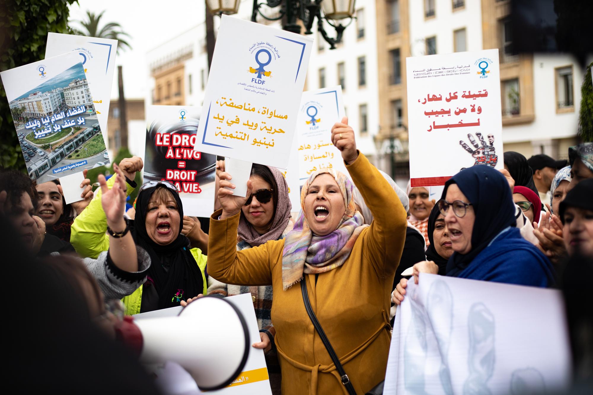 Rabat, Morocco. 2023/03/08. Demonstration for the International Day for Women's Rights in Rabat, capital of Morocco. This mobilization was called by the Federation of Women's Rights Leagues (FLDF). Photograph by Milla Morisson / Hans Lucas.  Rabat, Maroc. 2023/03/08. Manifestation pour la journee internationale de lutte pour les droits des femmes à Rabat, capitale du Maroc. Cette mobilisation a ete appelée par la Federation des ligues des droits des femmes (FLDF). Photographie de Milla Morisson / Hans Lucas.