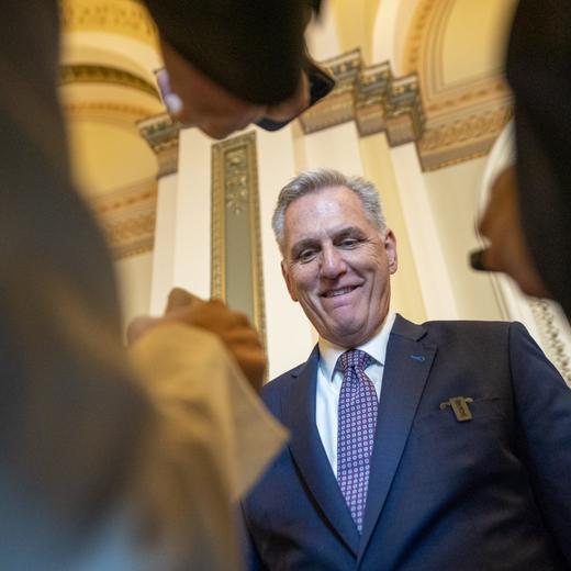 epa10687199 Speaker of the House Kevin McCarthy responds to a question from the news media near the House floor in the US Capitol in Washington, DC, USA, 12 June 2023. Speaker McCarthy responded to questions on former President Trump's indictment on 37 counts related to sensitive documents recovered at his Mar-a-Lago residence in Florida after he left the White House. EPA/SHAWN THEW