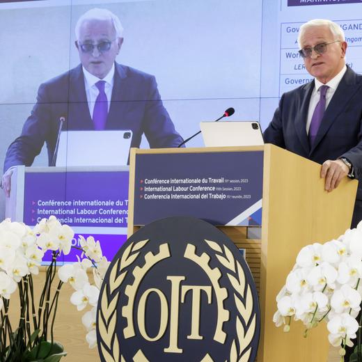 Russian Alexandre Chokhine, Employer - Russian Federation, delivers his speech, during a plenary session of the 111th international Labour Conference, at the European headquarters of the United Nations in Geneva, Switzerland, Monday, June 12, 2023. (KEYSTONE/Salvatore Di Nolfi)
